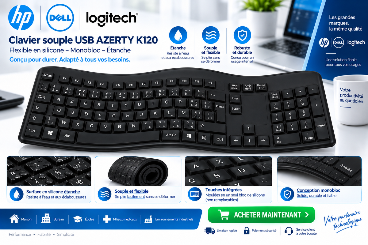 CLAVIERS USB AZERTY K120  SOUPLES FLEXIBLES EN SILICONE / HP, DELL ET LOGITECH