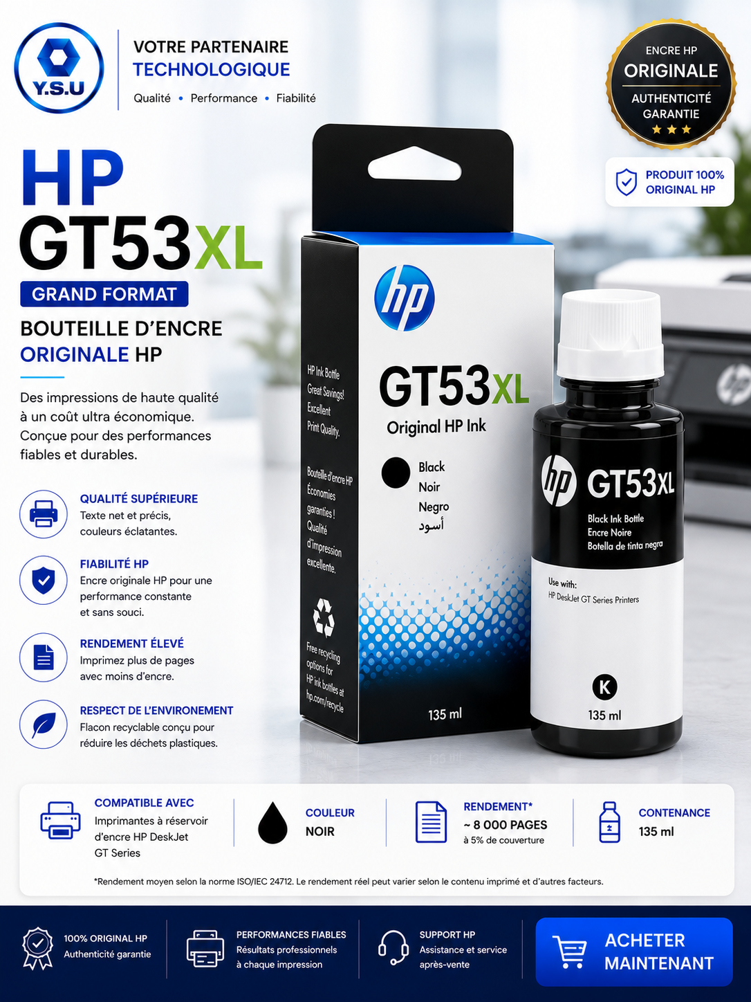 BOUTEILLE D'ENCRE POUR IMPRIMANTE A RESERVOIR HP GT53XL