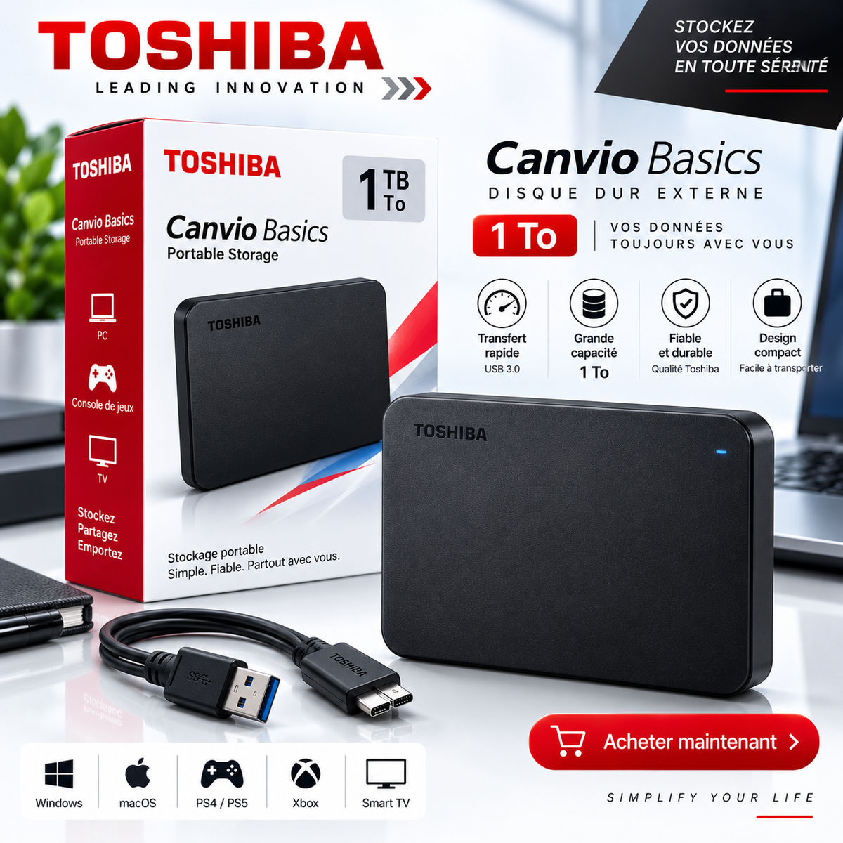 DISQUE DUR EXTERNE TOSHIBA, AVEC BOITIER SCELLE / 1 To