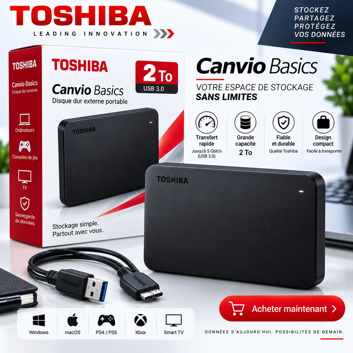 DISQUE DUR EXTERNE TOSHIBA, AVEC BOITIER SCELLE / 2 To