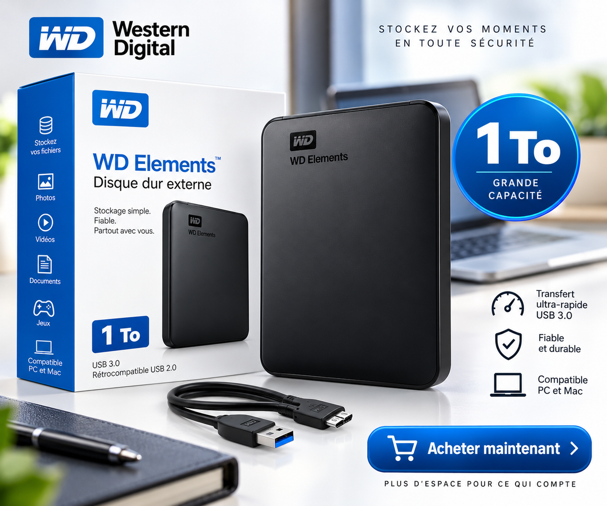 DISQUE DUR EXTERNE WESTERN DIGITAL (WD), AVEC BOITIER SCELLE / 1 To
