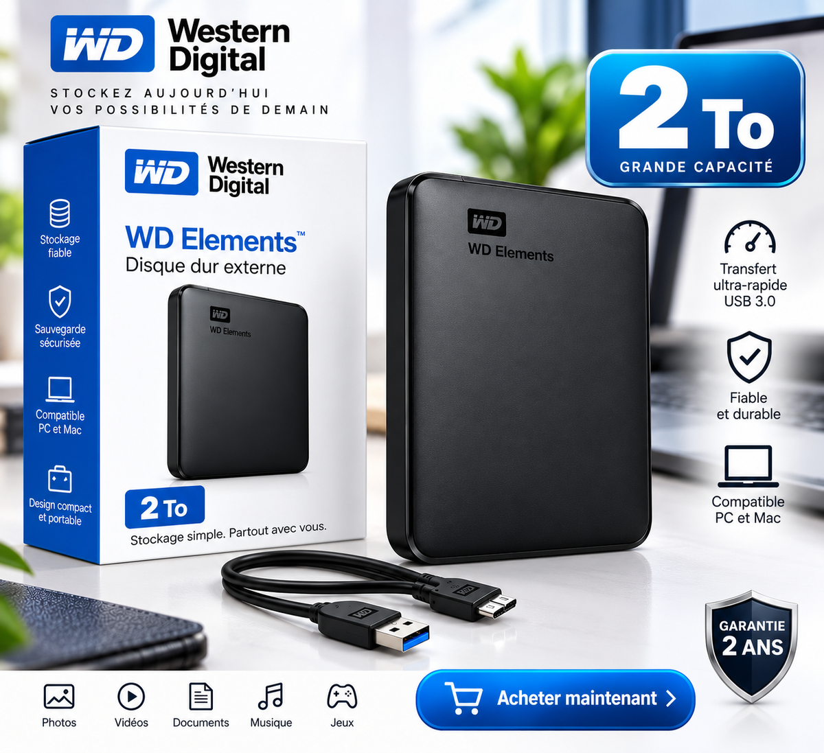 DISQUE DUR EXTERNE WESTERN DIGITAL (WD), AVEC BOITIER SCELLE / 2 To