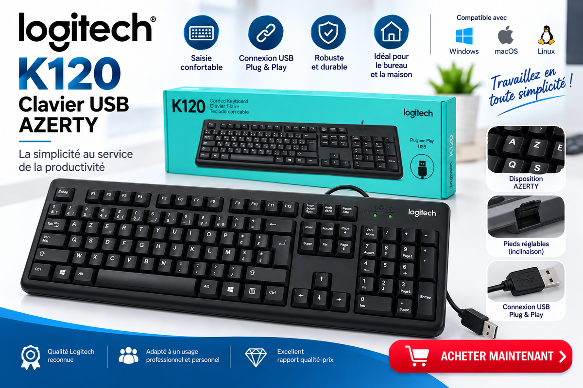 CLAVIER USB AZERTY K120 / HP, DELL, LOGITECH