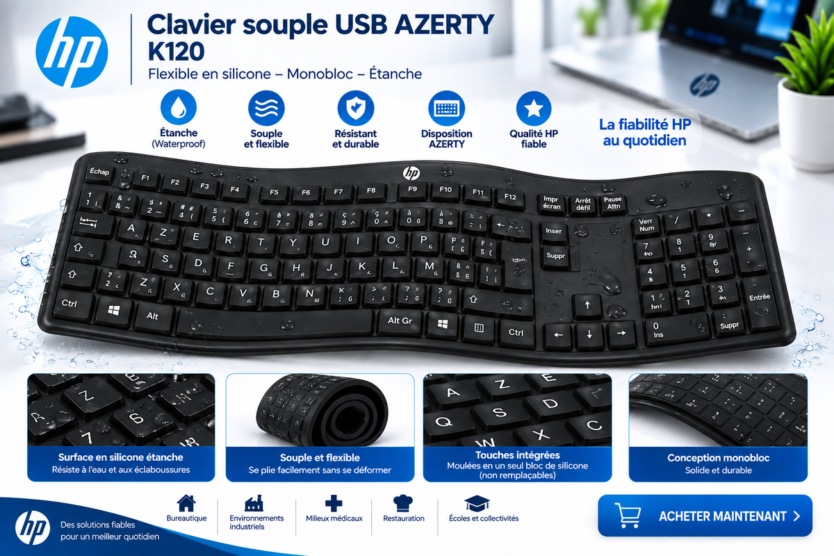 CLAVIERS USB AZERTY K120  SOUPLES FLEXIBLES EN SILICONE / HP, DELL ET LOGITECH