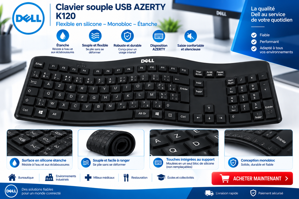 CLAVIERS USB AZERTY K120  SOUPLES FLEXIBLES EN SILICONE / HP, DELL ET LOGITECH