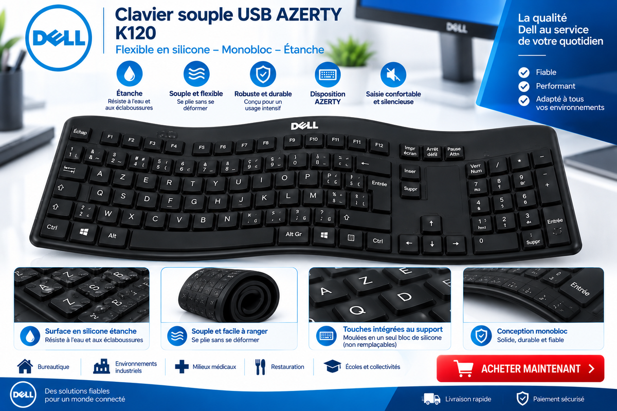 CLAVIERS USB AZERTY K120  SOUPLES FLEXIBLES EN SILICONE / HP, DELL ET LOGITECH