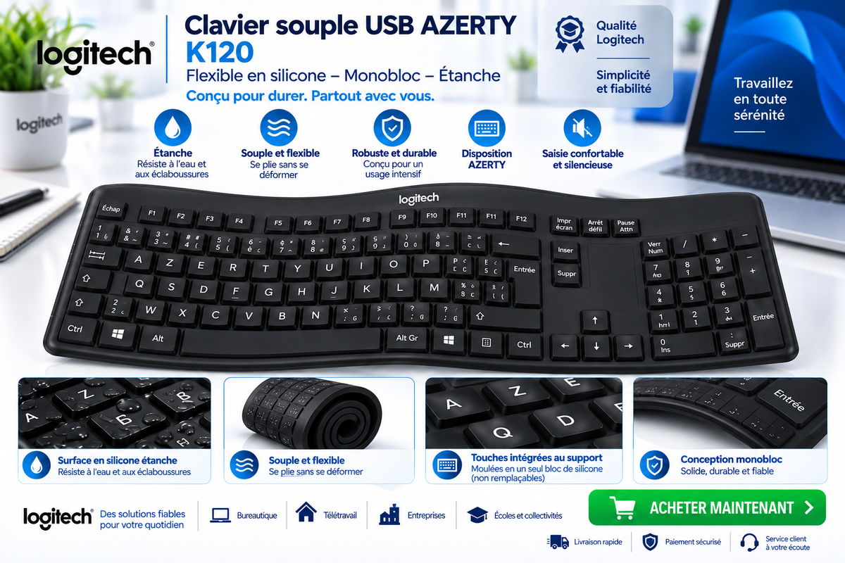 CLAVIERS USB AZERTY K120  SOUPLES FLEXIBLES EN SILICONE / HP, DELL ET LOGITECH
